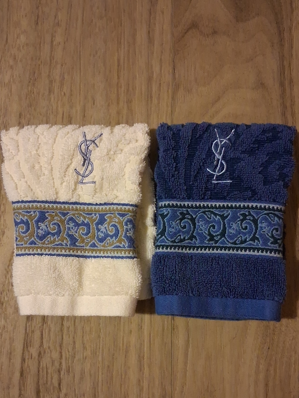 Yves Saint Laurent Cream & Navy Embroidered Towel Washcloths